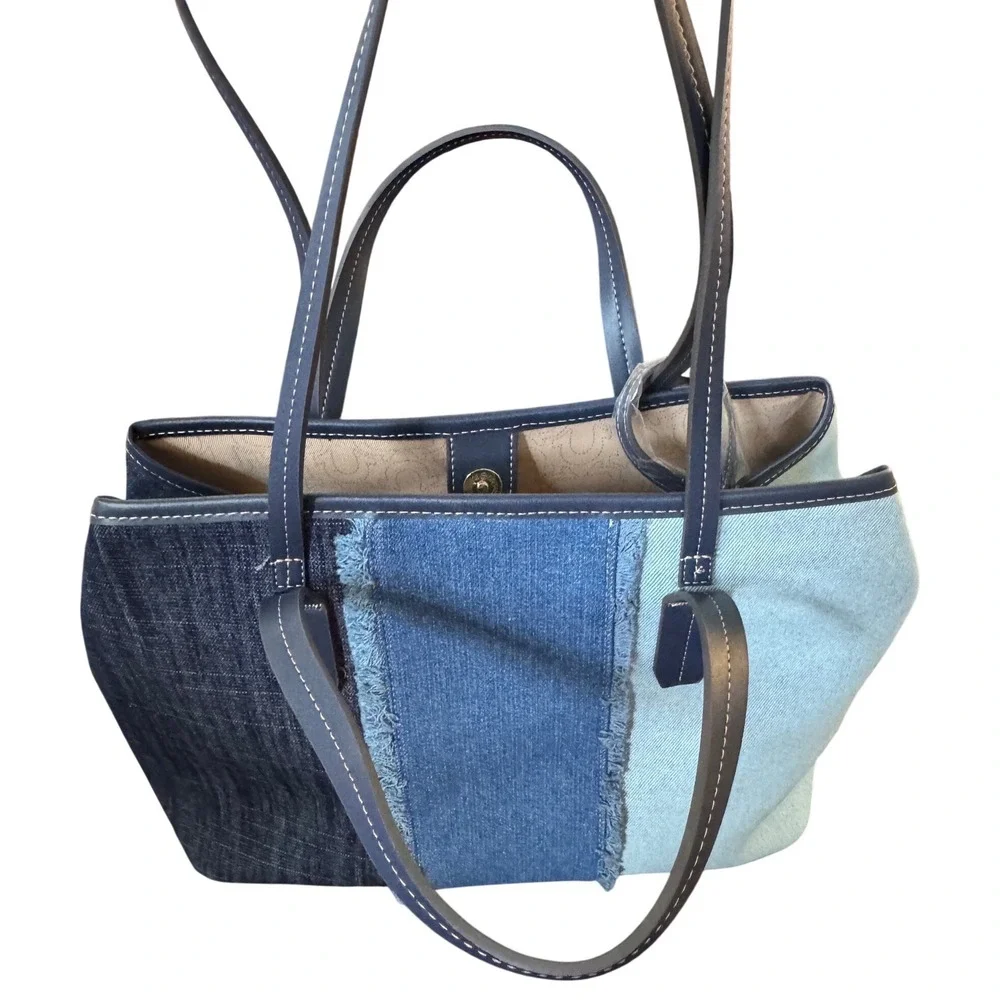 True Religion 2 in 1 handbag Tote Crossbody Three Tone Denim Patchwork NWT